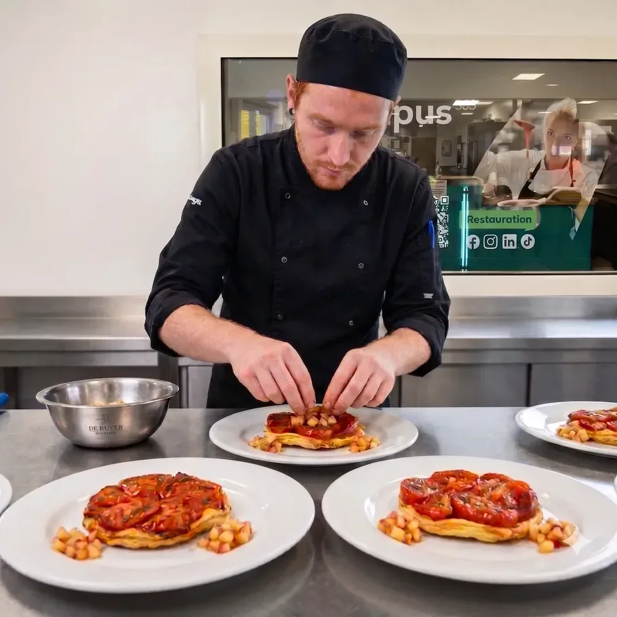Apprenant en tenue de cuisine dans un restaurant partenaire